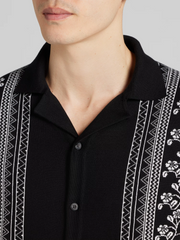 Patterned Short Sleeve Button Front Knit Sweater