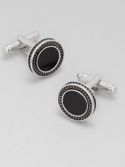 Round Black Obsidian Chain Border Cufflinks