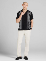 Patterned Short Sleeve Button Front Knit Sweater