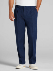 Modern Fit Pleated Stretch Linen Blend Trousers