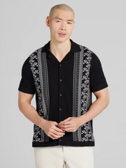 Patterned Short Sleeve Button Front Knit Sweater