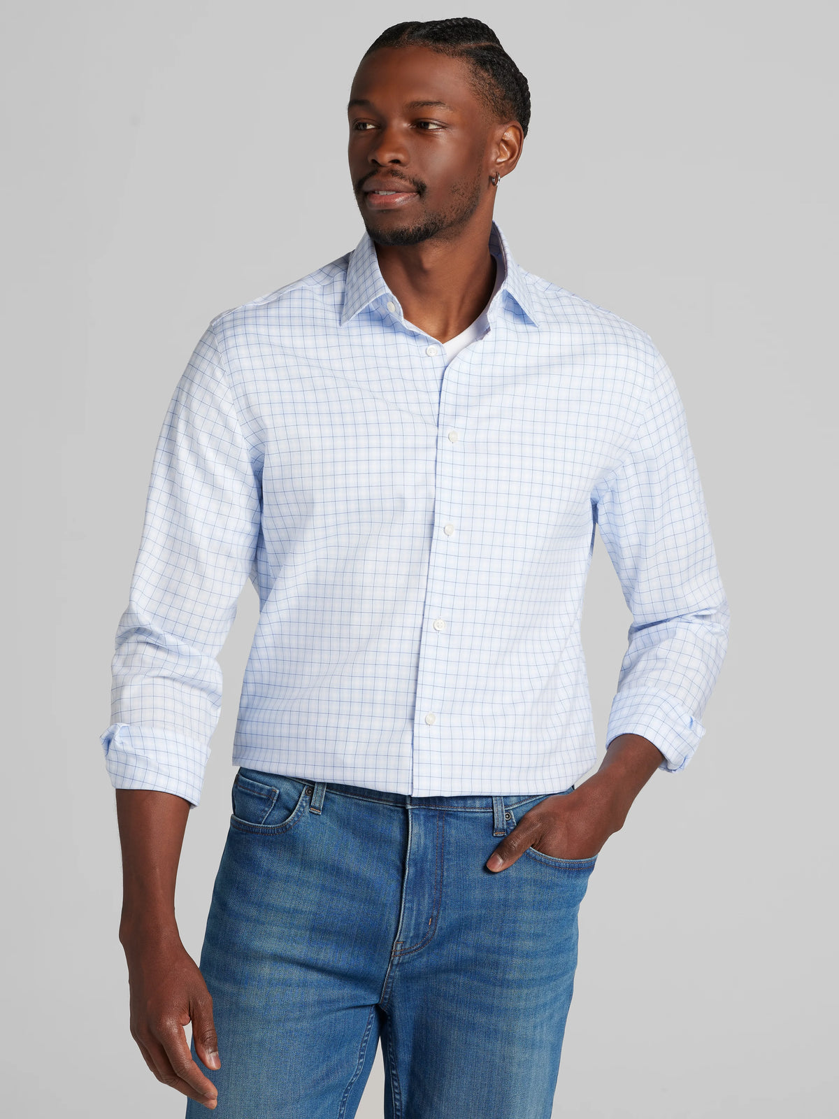 Modern Fit 100% Cotton Plaid Spread Collar Dress Shirt