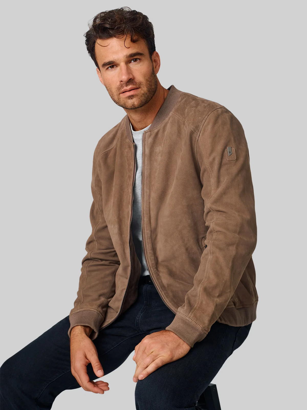 Regular Fit Nubuck Leather Bomber Jacket
