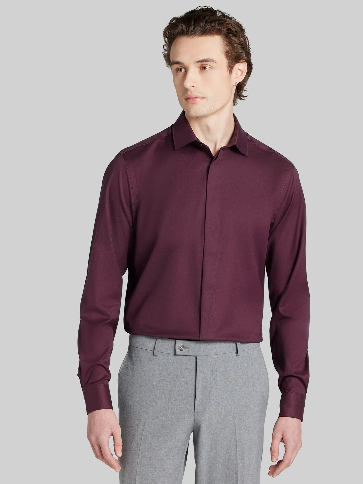 Slim Fit Sharkskin Covered Placket Dress Shirt