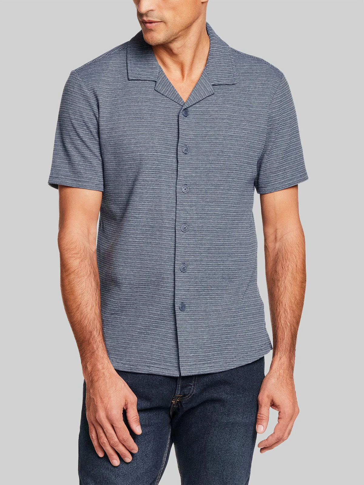Regular Fit Microstripe Button Front Short Sleeve Shirt