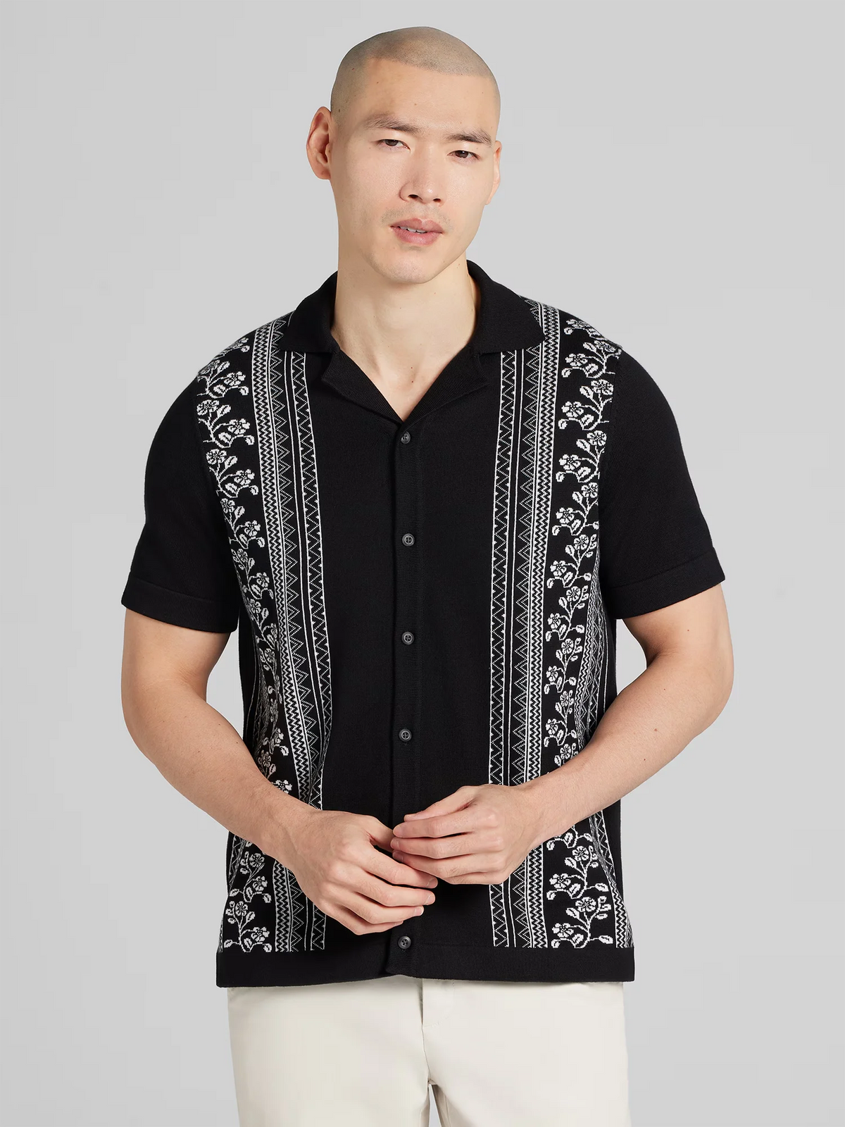 Patterned Short Sleeve Button Front Knit Sweater